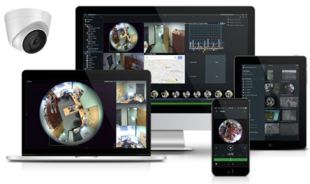 Image of a security camera and various devices displaying the NX Witness application